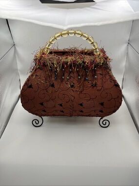 Brown Embroidered Evening Handbag with Beaded Handle Light